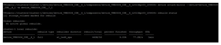 <strong>Refer to the exhibit. After the attach-mirror command is successfully executed on device device_VNX0506_CSE__6_1, the command rebuild-status shows an ongoing rebuild process on the same device. What is a possible cause?</strong> A) It is a normal behavior. when attaching a mirror, a rebuild process starts. B) The device device_VNX0506_CSE__6_1 has an ongoing rebuild process for a previous failure. C) The rebuild process is related to a director failure. D) The device mirror will start only after the rebuild process is completed.