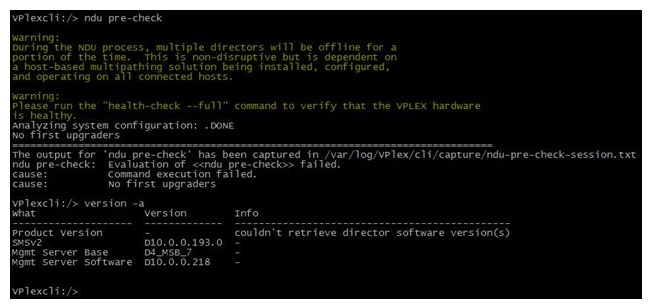 <strong>Refer to the exhibit. You are preparing to perform an upgrade on an unconfigured VPLEX Metro. When you run the ndu pre-check command, it indicates that it has failed and there are no first upgraders. In your troubleshooting, you run the version -a command. Based on the output, what is the reason for the failure?</strong> A) health-check --full was not run B) Directors are at incompatible code levels C) ndu pre-check --force flag was not used D) Directors are not connected.