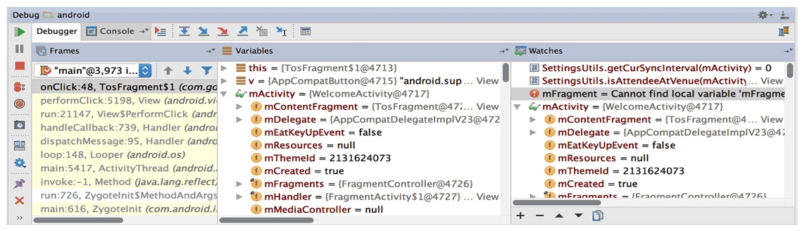 <strong> What is illustrated in the picture?</strong> A) Logcat window with filter settings B) Debugging native code using LLDB C) The Variables and Watches panes in the Debugger window D) The Breakpoints window lists all the current breakpoints and includes behavior settings for each E) Adding a watchpoint to a variable in memory