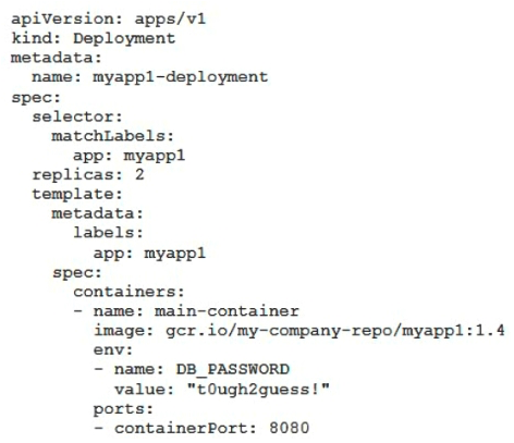 <strong>You've deployed a microservice called myapp1 to a Google Kubernetes Engine cluster using the YAML file specified below: You need to refactor this configuration so that the database password is not stored in plain text. You want to follow Google-recommended practices. What should you do?</strong> A) Store the database password inside the Docker image of the container, not in the YAML file. B) Store the database password inside a Secret object. Modify the YAML file to populate the DB_PASSWORD environment variable from the Secret. C) Store the database password inside a ConfigMap object. Modify the YAML file to populate the DB_PASSWORD environment variable from the ConfigMap. D) Store the database password in a file inside a Kubernetes persistent volume, and use a persistent volume claim to mount the volume to the container.