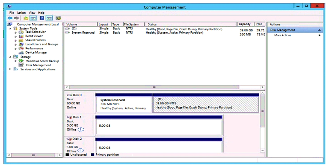<strong>Refer to the exhibit. The administrator has presented an HPE 3PAR StoreServer virtual volume to a server. A single virtual volume is seen as two different offline disks on a Windows 2012 R2 server. What must be done to correct the issue?</strong> A) Install HPE 3PAR DSM MPIO and reboot the server. B) Install the latest HBA driver and reboot the server. C) Install the MPIO feature and reboot the server. D) Install 3PAR host explorer and start service.
