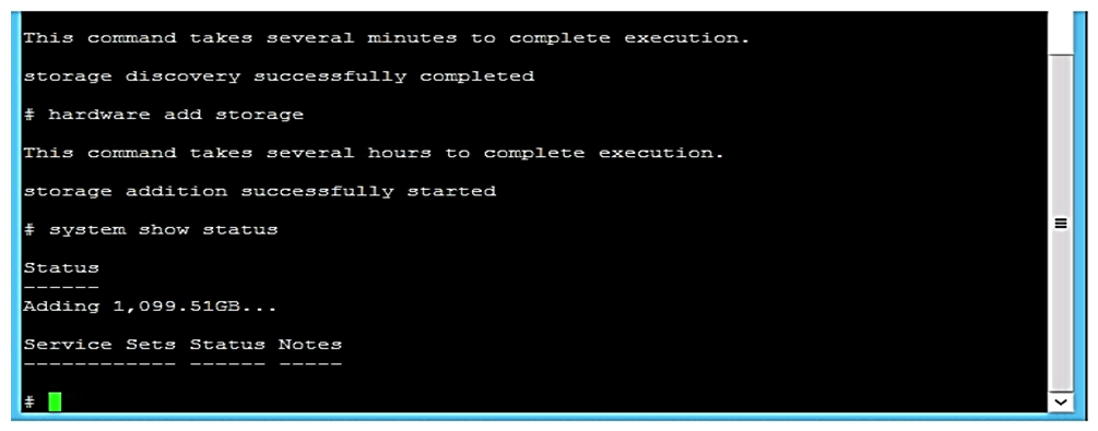 <strong>Refer to the exhibit. A storage integrator is deploying an HPE StoreOnce VSA. Which command can be used to find available storage capacity before it can be added in the StoreOnce console?</strong> A) hardware setup storage B) hardware run setup C) hardware discover storage D) hardware discover disks