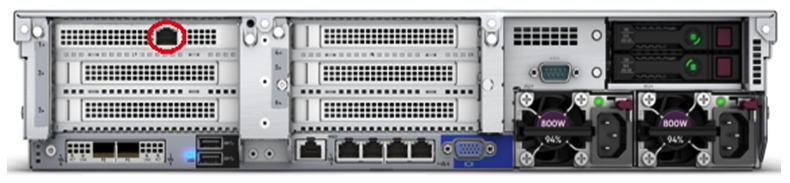 <strong>Refer to the exhibit. You are presenting an HPE SimpliVity solution to a customer. When looking at the hardware details, the customer asks about the connectivity options at the back of the HPE SimpliVity node. Which answer should you give about the port highlighted in the exhibit?</strong> A) This port is used for the Federation traffic between the HPE SimpliVity nodes. B) This port is the iLO port and should be connected to the management network. C) This port is used for diagnostics and should not be used for daily operations. D) This port is used for the Storage network and should be connected to the dedicated storage network switches.