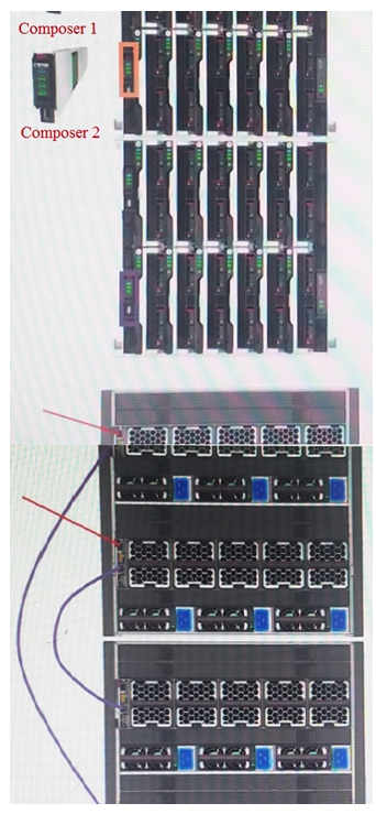 <strong> A customer has received a second frame for their HPE Synergy environment. The customer has added the second frame to the rack and correctly cabled the power and management ring. Based on the design shown, which changes need to be made to the configuration to ensure high availability? (Choose two.)</strong> A) Split the management uplinks across both frames B) Configure high availability in vCenter for the HPE OneView appliance C) Configure high availability on the Frame Link Modules D) Enable high availability in the Settings of the Composer E) Move one of the Composers to the second frame