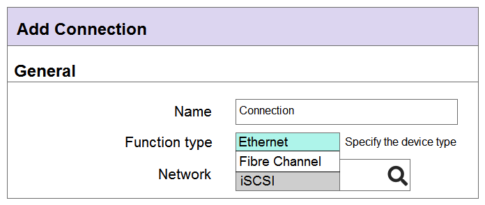 <strong>Refer to the exhibit. An integrator needs to add an FCoE connection to the server profile, but the FCoE connection type is not available. What is the likely cause of this issue?</strong> A) FCoE capable interconnect modules are not installed in the Synergy frame B) Defined FCoE network is not associated with a SAN or does not have VLAN Id defined C) A FCoE connection is not available, as there is no LIG configured for FCoE connectivity D) The FCoE connection has not been added as a Fibre Channel connection within a server profile