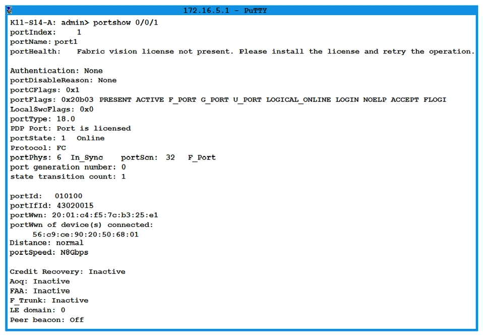 <strong>Refer to the exhibit. The information shown is displayed for a Nimble array you are installing. The customer's administrator has asked you for the speed at which the Nimble ports are connecting to their SAN switches, and you have run the command shown to determine the number of gigabits per second used by this port connection. What speed does the exhibit indicate is in use?</strong> A) 18 B) 32 C) 6 D) 8