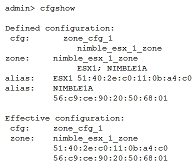 <strong>Refer to the exhibit. When performing a code upgrade on an HPE Nimble array, you noticed a connection failure on ESX1. Refer to the exhibit showing the complete zoning configuration of one of the HPE SN3000B switches. What should you do to ensure storage access is not interrupted when doing the next update?</strong> A) Create and ISL between the two HPE SN3000B switches. B) Create a new zone for ESX1 and the second storage controller. C) Change the timeout values on the SN3000B switch. D) Configure the same zone on a second HPE SN3000B.