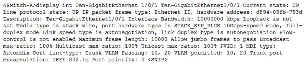 <strong>Refer to the exhibit. An administrator connected a hypervisor to interface Ten-GigabitEthernet1/0/1 in a switch. The administrator created virtual machines in VLAN 10 and 20 on the hypervisor. VLAN 10 is configured to be tagged, and VLAN 20 is configured to be untagged on the hypervisor. The administrator found that all the virtual machines in VLAN 20 can communicate with each other, but not with any virtual machines on VLAN 20 external to the hypervisor. Given the output in the exhibit, what should you do to resolve the issue?</strong> A) Permit VLAN 1 on the interface. B) Configure the PVID of the interface to be VLAN 20. C) Configure the interface as an access port. D) Configure the interface as an IRF port.