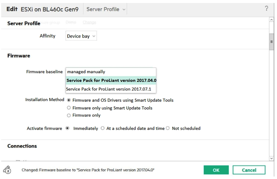 <strong>A customer is performing lifecycle management on their existing ESXi cluster. They edit the Server Profile Template for the ESXi cluster. What will happen to all of the server profiles associated with the template after selecting the Service Pack for HPE ProLiant 2017.07.1 and clicking OK?</strong> A) All server profiles associated with the template will be marked as inconsistent with the template B) All server hardware associated with the profiles will immediately do a graceful shutdown and boot into Intelligent Provisioning to update the firmware C) HPE OneView for vCenter will launch vCenter Update manager to begin updating the systems within the ESXi cluster D) The Smart Update Tools will immediately begin to update the firmware and drivers on the systems while the ESXi hosts are still online