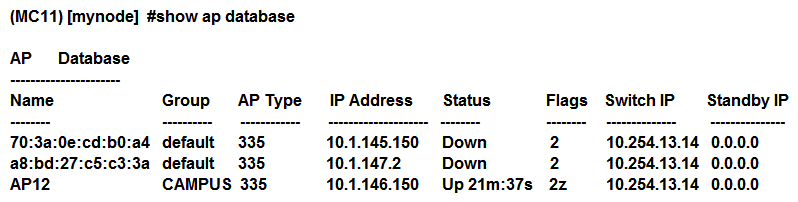 <strong>Refer to the exhibits. Exhibit1 Exhibit 2 Based on outputs shown in the exhibits, what is the reason that AP12 is seen by two different controllers?</strong> A) AP12 connects to a high availability group. MC1 is the active controller, and MC11 is the standby controller. B) AP12 is a multizone AP. MC1 is part of the primary zone, and MC11 is part of the datazone. C) AP12 connects to an MC cluster. MC1 is the A-AAC, and MC2 is S-AAC. D) AP12 is in the middle of the boot process. MC1 is the master IP controller, and MC11 is the LMS IP controller.