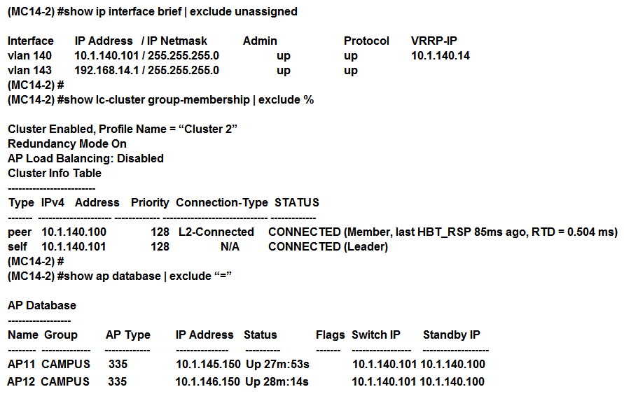 <strong>Refer to the exhibits. Exhibit 1 Exhibit 2 A network administrator deploys a test environment with two Mobility Masters (MMs), two two-member Mobility Controller (MC) clusters, and two CAPs, with the intention of testing several ArubaOS features, Cluster members run VRRP for AP boot redundancy. Based on the information shown in the exhibits, what is the current status of the APs?</strong> A) APs are currently communicating with LMS IP, and 10.1.140.100 is S-AAC. B) APs are currently communicating with BLMS IP, and 10.1.140.101 is A-AAC. C) APs are currently communicating with BLMS IP, and 10.1.140.101 is S-AAC. D) APs are currently communicating with BLMS IP, and 10.1.140.100 is A-AAC.