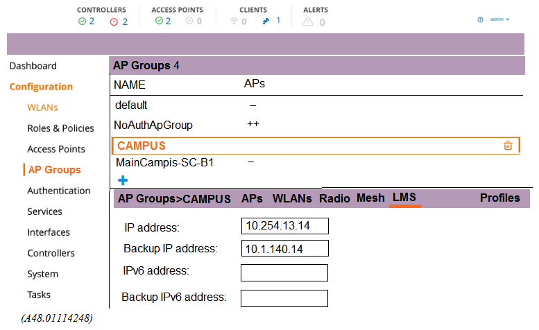 <strong>Refer to the exhibits. Exhibit 1 Exhibit 2 A network administrator deploys a test environment with two Mobility Masters (MMs), two two-member Mobility Controller (MC) clusters, and two CAPs, with the intention of testing several ArubaOS features, Cluster members run VRRP for AP boot redundancy. Based on the information shown in the exhibits, what is the current status of the APs?</strong> A) APs are currently communicating with LMS IP, and 10.1.140.100 is S-AAC. B) APs are currently communicating with BLMS IP, and 10.1.140.101 is A-AAC. C) APs are currently communicating with BLMS IP, and 10.1.140.101 is S-AAC. D) APs are currently communicating with BLMS IP, and 10.1.140.100 is A-AAC.