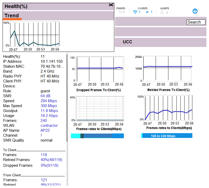 <strong>Refer to the exhibit. A user's laptop only operates in the 2.4 GHz band and supports 802.11n. This user reports that the network is slow at the cafeteria that is serviced by three APs, and suggests that there might be a problem with the WLAN. The network administrator finds the user in the MM, and obrains the output shown in the exhibit. What should the network administrator do to optimize the client connection?</strong> A) Disable lower transmit rates in the SSID profile. B) Change the channel being used in the radio profile. C) Reduce Min/Max channel bandwidth in the radio profile. D) Reduce Min/Max EIRP in the ARM profile.
