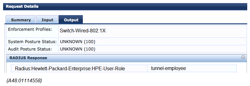 <strong>Refer to the exhibits. Exhibit 1 Exhibit 2 A network administrator deploys role-based tunneled node in a corporate network to unify the security policies enforcement. When users authenticate with 802.1X, ClearPass shows Accept results, and sends the HPE-User-Role attribute as expected. However, the switch always applies the denyall role. Why does the switch fail to allocate the tunnel-employee role?</strong> A) Denyall is a secondary role contained within tunnel-employee. B) The switch is not configured with primary tunneled-node user role. C) The switch is not configured with secondary tunneled-node user role. D) RADIUS Access Accept messages time out in the switch.