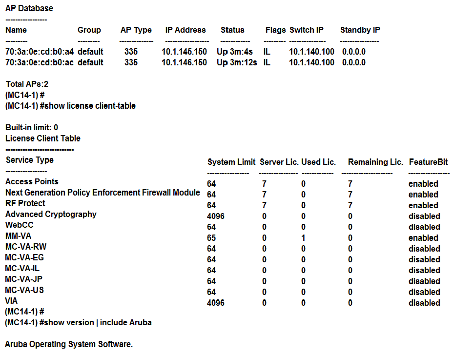 <strong>Refer to the exhibit. A network engineer configures some VAPs in customer groups and creates a pool of licenses with enough units for seven APs. The network engineer deploys the first two APs, looks at the ap database, and notices the APs are inactive and experience licensing-related issues. Based on the show command outputs shown in the exhibit, what must the engineer do to solve the problem?</strong> A) Allocate two more MM-VA licenses to the pool. B) Allocate two more MC-VA-US licenses to the pool. C) Allocate seven more MM-VA licenses to the pool. D) Allocate seven more MC-VA-US licenses to the pool.