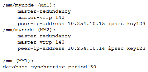 <strong>Refer to the exhibit. After a recent power outage where MM1 is located, the network administrator could not perform configuration tasks on Mobility Controllers (MC) for several hours. The network administrator decides to acquire another Mobility Master (MM) and deploy L2 MM redundancy. The new MM is assigned the 10.254.10.15 IP address and VRRP is configured in both units. The network administrator verifies that VRRP is running, and prepares to complete the setup with the following scripts. Which configuration tasks must the network administrator do before applying the script in order to successfully deploy L2 MM redundancy and prevent any other control plane outage?</strong> A) Confirm that the VRRP and master redundancy keys are the same. B) Change the VIP address of ther VRRP process 140 to 10.254.10.15. C) Reduce the VRRP priority to 90 and restart the process in MM2. D) Enable the MM database synchronization in MM2.