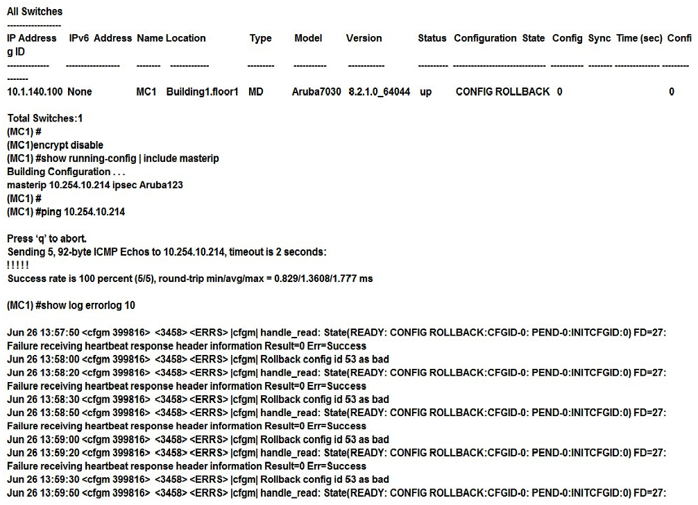 <strong>Refer to the exhibits. Exhibit 1 Exhibit 2 Exhibit 3 A network administrator deploys a Mobility Master (MM) pair with the VRRP VIP equal to 10.254.10.214, and attempts to associate MC1 to it. At first, the integration appears to be successful. However after a few minutes the network administrator issues the show switches command and sees that the MC1 is down, even though the device is up and running. Every time the network administrator reboots the Mobility Controller (MC), the MC shows as being up and then it shows as being down. The network administrator gathers the information shown in the exhibits. What should the network administrator do to resolve this problem?</strong> A) Change the localip ipsec key to Aruba123 in the mynode device level from the MM, save, and reboot. B) Enable disaster recovery mode in MC1 and change the masterip ipsec key to Aruba 123, save, and reboot. C) Change the masterip ipsec key to Aruba123 in the device level from the MM, save, then reboot MC1. D) Wipe out the configuration in MC1 and reboot, then run the full-setup configuration dialog all over again.