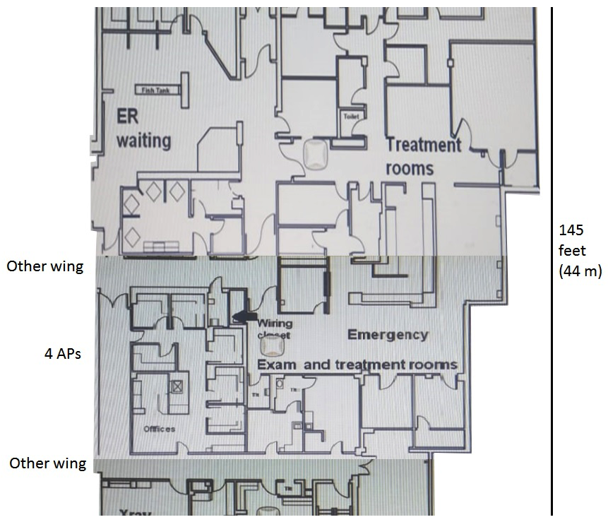 <strong>A hospital needs an upgrade to 802.11ac for its wireless network, which needs to provide complete coverage. The hospital has a concrete exterior and uses drywalls for all of the interior walls with a few exceptions as mandated for safety. The building has 10 foot (3m) ceilings. The legacy APs were deployed in the hallway, but the customer is open to deploying APs in any room such as reception areas, patient rooms, operating rooms, treatment rooms, and lounges. The wireless network must support wireless medical devices, voice communicators for medical staff, laptops in nurse stations, medical staff tablets, and visitor and patient personal devices. All of these devices support both the 2.4GHz and 5GHz band. The exhibits below show one wing of one floor of the hospital. This wing is about 14,000 square feet (1300 sq. m). This area has up to: 40 concurrent patients and visitors, who might have up to two devices 40 concurrent staff members, who might have up to three devices About 100 medical and other types of wireless devices Several of these wireless medical devices are in the X-ray and X-ray control rooms. The architect has already planned to place APs in stairwells on another floor. Which AP plan for this wing of this floor meets the customer needs?</strong> A)   B)   C)   D)   <div style=padding-top: 35px> 