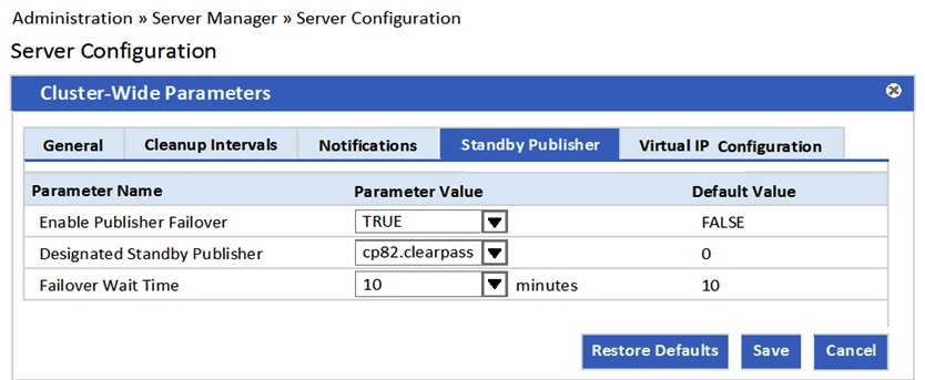 <strong>Refer to the exhibit. Which statement accurately describes the cp82 ClearPass node? (Choose two.)</strong> A) It stays as a Subscriber when the Publisher fails. B) It becomes the Publisher when the primary Publisher fails. C) It operates as a Publisher in a separate cluster when the Publisher is active. D) It operates as a Publisher in the same cluster as the primary Publisher when the primary is active. E) It operates as a Subscriber when the Publisher is active.