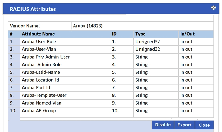 <strong>Refer to the exhibit. In the Aruba RADIUS dictionary shown, what is the purpose of the RADIUS attributes?</strong> A) to send information via RADIUS packets to Aruba NADs B) to gather and send Aruba NAD information to ClearPass C) to send information via RADIUS packets to clients D) to gather information about Aruba NADs for ClearPass E) to send CoA packets from ClearPass to the Aruba NAD