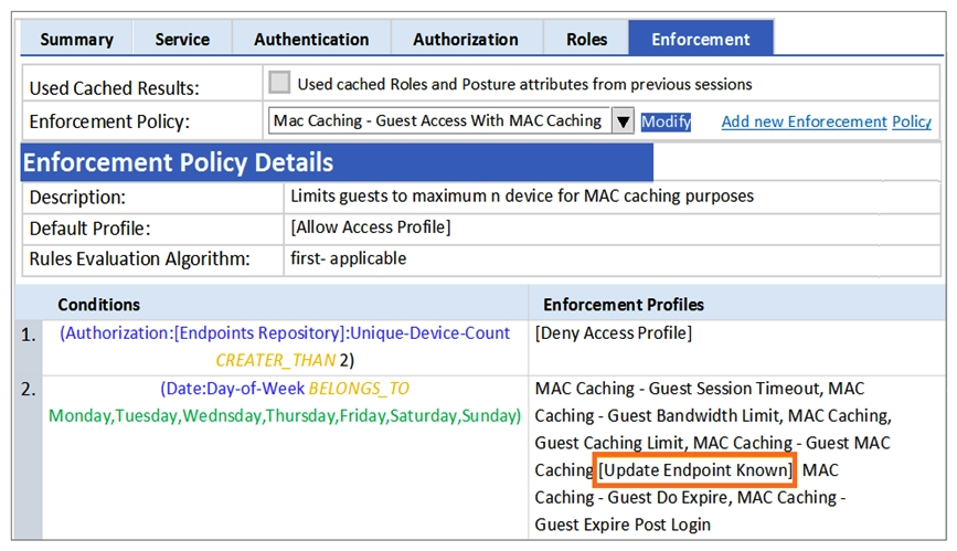 <strong>Refer to the exhibit. A guest to the Guest SSID and authenticates successfully using the guest php web login page. Based on the MAC Caching service information shown, which statement about the guest's MAC address is accurate?</strong> A) It will be visible in the Guest User Repository with Unknown Status. B) It will be deleted from the Endpoints tables. C) It will be visible in the Guest User Repository with Known Status. D) It will be visible in the Endpoints table with Unknown Status. E) It will be visible in the Endpoints table with Known Status.