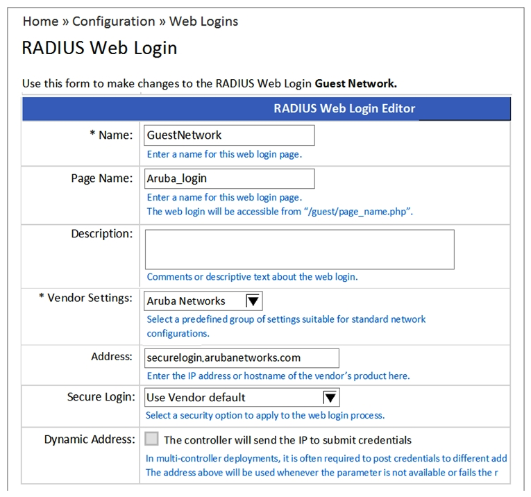 <strong>Refer to the exhibit. When configuring a Web Login Page in ClearPass Guest, the information shown is displayed. What is the Address field value 'securelogin.arubanetworks.com' used for?</strong> A) For the client to POST the user credentials to the NAD. B) For ClearPass to send a RADIUS request to the NAD. C) For ClearPass to send a TACACS+ request to the NAD. D) For appending to the Web Login URL, after the page name. E) For appending to the Web Login URL, before the page name.