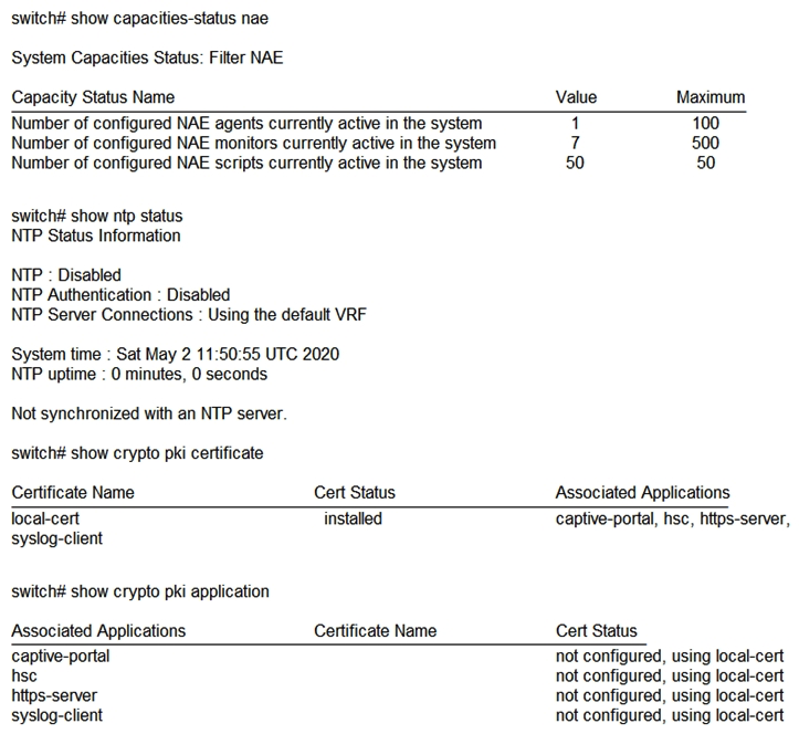 <strong>A network engineer is having a problem adding a custom-written script to an AOS-CX switch's NAE GUI. The script was written in Python and was successfully added on other AOS-CX switches. The engineer examines the following items from the CLI of the switch: What should the engineer perform to fix this issue?</strong> A) Install the script's signature before installing the new script B) Ensure the engineer's desktop and the AOS-CX switch are synchronized to the same NTP server C) Enable trust settings for the AOS-CX switch's SSL certificate D) Remove a script that is no longer used before installing the new script