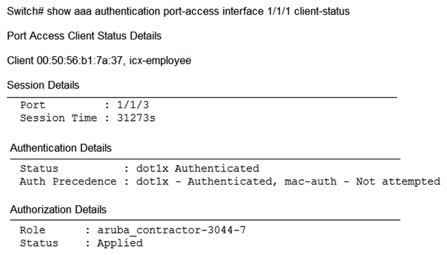 <strong>Examine the AOS-CS switch output: Based on this output, what is correct?</strong> A) 802.1X authentication was successful, but MAC authentication is yet to start B) 802.1X authentication occurred and downloadable user roles are deployed C) A local user role was deployed using a ClearPass solution D) Only 802.1X authentication is configured on the port