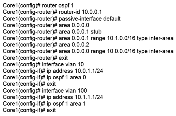 <strong>Examine the network topology. The network is configured for OSPF with the following attributes: Core1 and Core2 and ABRs Area 1 has 20 networks in the 10.1.0.0/16 range Area 0 has 10 networks in the 10.0.0.0/16 range Area 2 has 50 networks in the 10.2.0.0/16 range The ASBR is importing a static route into Area 1 Core2 has a summary for Area 2: area 0.0.0.2 range 10.2.0.0/16 type inter-area Here is the OSPF configuration performed on Core1: Based on the above information, what is correct?</strong> A) Area 0 has 13 routes B) Core1 has no OSPF routes C) Core1 has received one LSA Type 5 from the ASBR D) Area 1 has 23 routes
