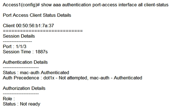<strong>An AOS-CX switch is configured to implement downloadable user roles. Examine the AOS-CX switch output: Based on this output, what is the state of the user's access?</strong> A) No downloadable user role exists B) MAC authentication has passed, but 802.1X authentication is in progress C) The RADIUS request timed out to the AAA server D) The port should be configured for 802.1X