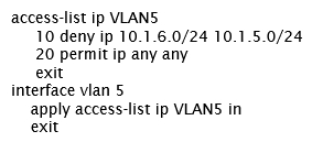 <strong>An administrator wants to drop traffic from VLAN 6 (10.1.6.0/24) to VLAN 5 (10.1.5.0/24), but allow all other traffic. What is correct configuration to accomplish this?</strong> A) B) C) D)