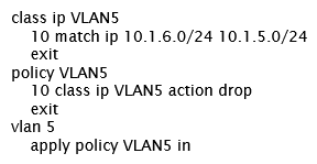 <strong>An administrator wants to drop traffic from VLAN 6 (10.1.6.0/24) to VLAN 5 (10.1.5.0/24), but allow all other traffic. What is correct configuration to accomplish this?</strong> A) B) C) D)