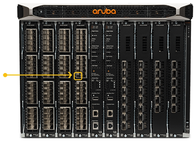 <strong>Refer to the exhibit. The Aruba 8400 in the exhibit is member 2 of a VSX stack. Which command will enter the interface sub configuration mode for the port, indicated by the orange square?</strong> A) 8400(config)# interface 2/4/15 B) 8400(config)# interface 1/7/16 C) 8400(config)# interface 1/4/15 D) 8400(config)# interface 2/3/17