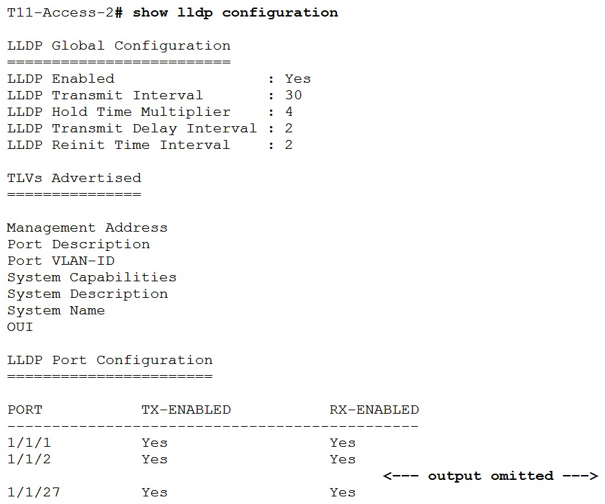 <strong>Refer to the exhibit. What configuration is needed in order for show LLDP configuration to show this output?</strong> A) none; LLDP is enabled by default on Aruba switches B) configuring LLDP both globally and on the interfaces C) enabling LLDP on the interfaces only D) configuring LLDP globally only
