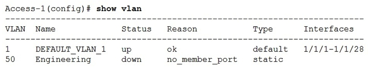 <strong>Refer to the exhibit What is true regarding VLAN 50 according to the diagram above?</strong> A) VLAN 50 is part of a switched virtual interface (SVI) that was never routed causing it to be down. B) Since VLAN 50 has not been assigned to any enabled physical port, the status is down. C) VLAN 50 is assigned only to Trunk ports which is why no ports are listed under interfaces. D) VLAN 50 was never added to the vlan-database and therefore is in a down state.