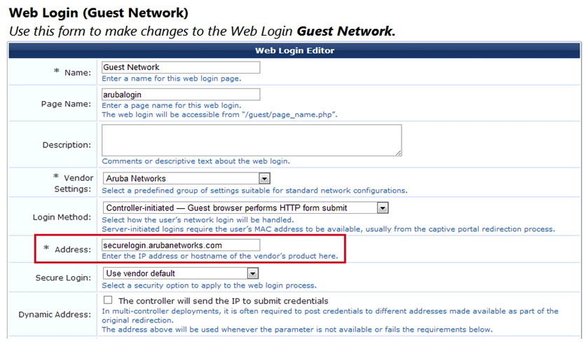 <strong>Refer to the exhibit. Where will the guests browser be redirected during a captive portal login attempt?</strong> A) The redirect will time out and fail to resolve. B) The captive portal page hosted on Aruba Central in the cloud. C) The captive portal page hosted on the Aruba controller. D) The captive portal page hosted on ClearPass.