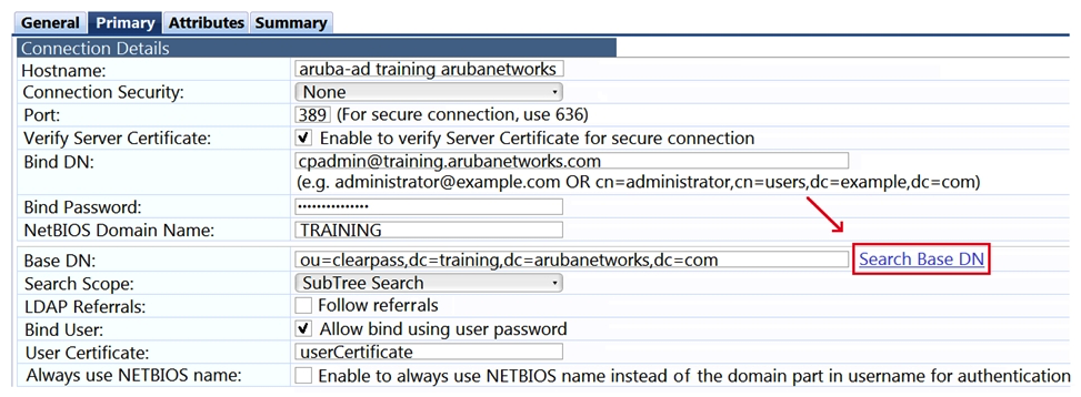 <strong>Refer to the exhibit. What does Search Base Dn do when joining an Active Directory domain? (Choose two.)</strong> A) validates the connection details entered in the Connection Details B) searches for the Base DN (Distinguished Name) based on what was typed in the field C) sets the starting point in the directory tree for the Base DN (Distinguished Name) search D) updates the Base DN (Distinguished Name) in Active Directory if no match is found E) runs an Active Directory query that returns all results along with any matching the entered Base DN (Distinguished Name)