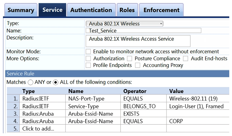 <strong>Refer to the exhibit. Which user authentication request will match the service rules of the Policy Service shown?</strong> A) a wireless user connection would fail because of miss-configured service rules B) a wireless user connected to any SSID named CORP C) a wireless user connecting to any SSID on an Aruba Controller D) a wireless user connecting to an Aruba IAP on the SSID CORP