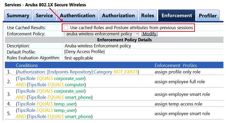 <strong>Refer to the exhibit. What is true regarding leaving the indicated option Use cached Roles and Posture attributes from previous sessions unchecked?</strong> A) A posture change applied to an endpoint is going to be lost each time the client re-authenticates. B) The service will make the enforcement decision based upon the updated Posture regardless of caching. C) Posturing will no longer be evaluated in determining the enforcement policy for current or future sessions. D) Cached posture results are no longer stored by ClearPass but instead are saved to the endpoint of the client.