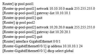 <strong> Refer to the configuration output. Following configuration, a host is connected to the interface Gigabit Ethernet 0/0/1 of the router. Which IP address will the client obtain?</strong> A) An IP address from network 10.10.10.0/24 will be assigned. B) An IP address from network 10.20.20.0/24 will be assigned. C) The host will be unable to obtain an IP address. D) An IP address may be assigned from either 10.10.10.0/24 or 10.20.20.0/24.