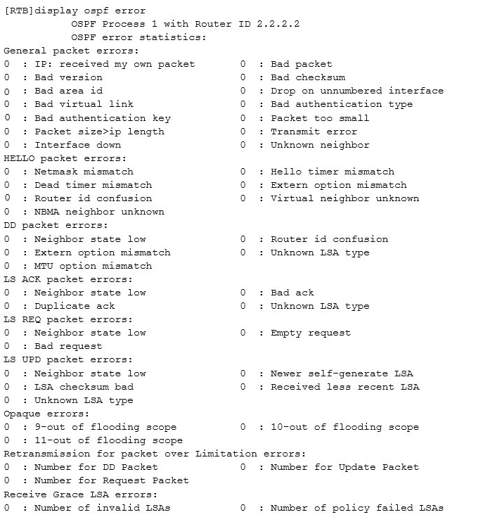 An OSPF neighbor relationship fails to be established and the display ospf error command output is as follows.   Which of the following is the probable cause?