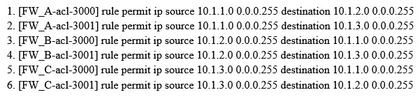 <strong>As shown, when configuring the point-to-multipoint scenarios, the headquarters network segment is 10.1.1.0/24, the segment of branch 1 is 10.1.2.0/24, of branch 2 is 10.1.3.0/24. About the protected data flow configuration which defined by headquarters and branch offices, which of the following combinations can be the full matched requirements? </strong> A) 1 2 B) 1 2 3 5 C) 1 2 4 6 D) 3 4 5 6