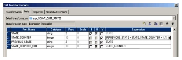 <strong>In the Expression transformation graphic below, what is the value of the PREVIOUS_STATE port for row 2, given that the value for the STATE port was 'CA' for row 1? </strong> A) STATE B) 'CA' C) NULL D) Value of the PREVI0US_STATE port is based upon its declared default value