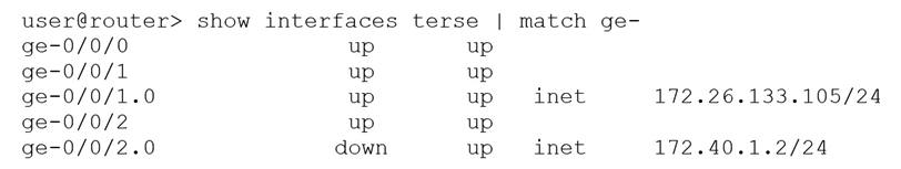 <strong> Referring to the exhibit, which logical interface is able to forward IP traffic?</strong> A) ge-0/0/2.0 B) ge-0/0/0 C) ge-0/0/1.0 D) ge-0/0/2