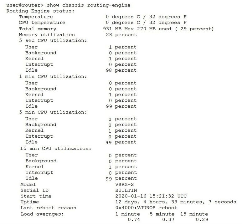 <strong> Referring to the exhibit, which two statements are correct? (Choose two.)</strong> A) The memory utilization is 28%. B) The memory utilization is 72%. C) The 15 minute CPU load average is 99%. D) The CPU kernel utilization is 1%.
