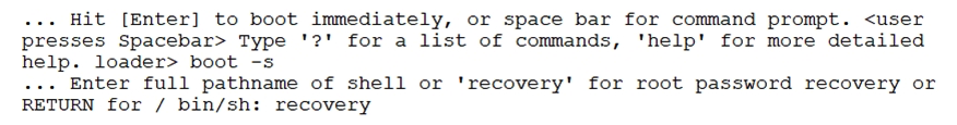 <strong> Referring to the exhibit, what will be the result?</strong> A) The device will boot in single-user mode at the operational prompt. B) The device will boot in multi-user mode at the configuration prompt. C) The device will boot into single-user mode at the shell prompt. D) The device will boot into multi-user mode at the shell prompt.