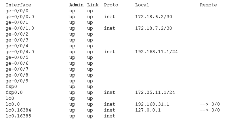 <strong> Which command produced the output shown in the exhibit?</strong> A) show interfaces filters B) show interfaces terse C) show interfaces summary D) show interfaces extensive