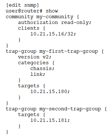 <strong> Referring to the exhibit, which statement is true?</strong> A) Traps are sent to 10.21.15.180. B) Traps are allowed from 10.21.15.180. C) Traps are sent to 10.21.15.16. D) Traps are allowed from 10.21.15.16.