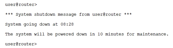 <strong> While working on a Junos device, you receive the message shown in the exhibit. In this scenario, what should you do to stop the shutdown process?</strong> A) Issue the request system power-off in 0 command. Issue the request system power-off in 0 command. B) Issue the clear system commit command. clear system commit C) Issue the request system halt in 0 command. request system halt in 0 D) Issue the clear system reboot command. clear system reboot