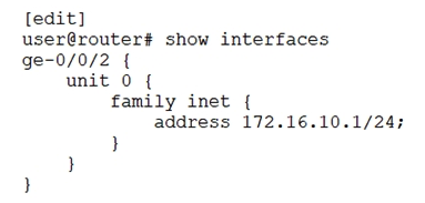 <strong> Referring to the exhibit, which command will change the 172.16.10.1/24 IP address to 172.16.100.1/24 IP address?</strong> A) copy interfaces ge-0/0/2 unit 0 family inet address 172.16.10.1/24 to address 172.16.100.1/24 B) rename interfaces ge-0/0/2 unit 0 family inet address 172.16.10.1/24 to address 172.16.100.1/24 C) set interfaces ge-0/0/2 unit 0 family inet address 172.16.100.1/24 D) insert interfaces ge-0/0/2 unit 0 family inet address 172.16.10.1/24 before address 172.16.100.1/24
